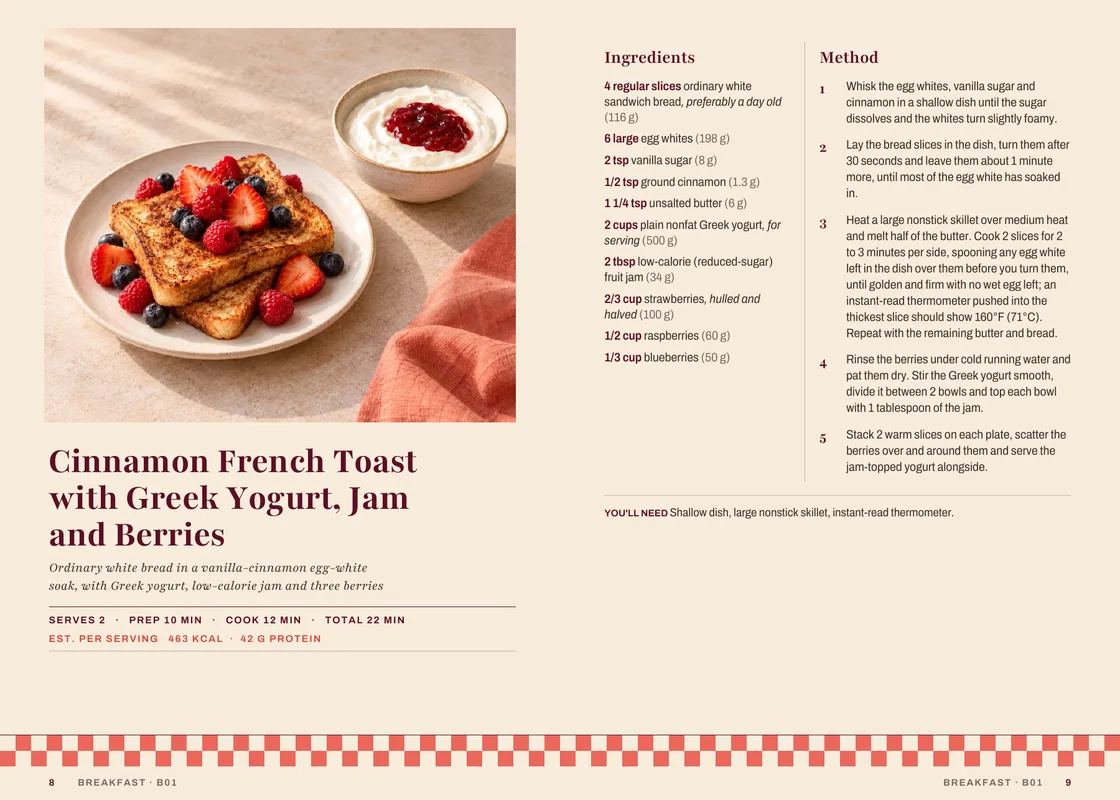 Pages 8 and 9 of the cookbook: the Cinnamon French Toast recipe opener with its photo, then ingredients and method